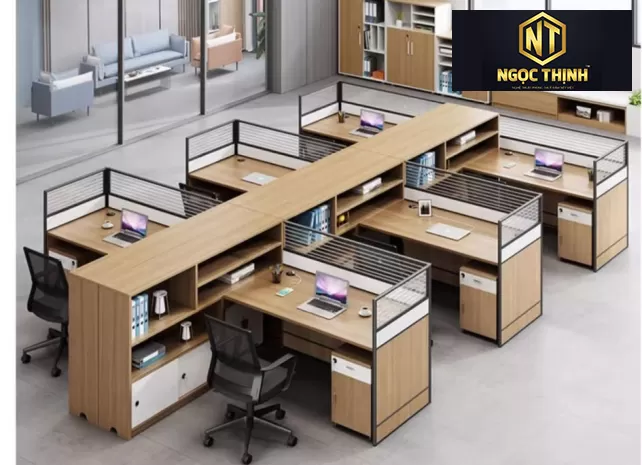 Mẫu bàn làm việc tập thể có kệ sách kết hợp siêu chất lượng tại Nội Thất Ngọc Thịnh